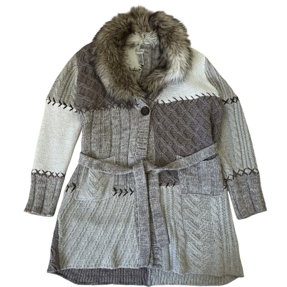 Chico's Cardigan Sweater Womens‎ XL Wool Rabbit Hair Blend Faux Fur Collar Beige